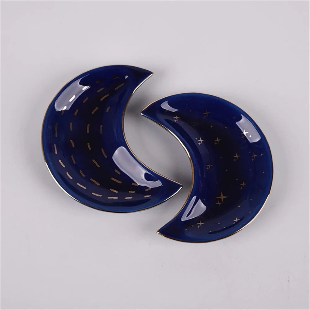 Nordic Style Ceramic Tray Moon-shaped Plate Home Decoration for Jewelry, Earring, Necklace, Dessert, Fruit - Shooting Star / Blue - 4