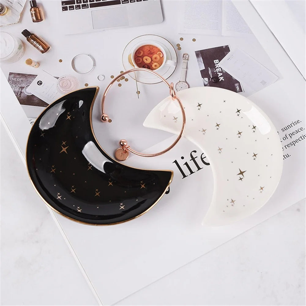 Nordic Style Ceramic Tray Moon-shaped Plate Home Decoration for Jewelry, Earring, Necklace, Dessert, Fruit - Shooting Star / Blue - 7