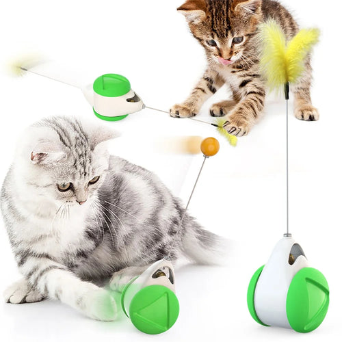 FSC-01 Interactive Cat Ball Toys Gift with Feathers Tumbler Cat Moving Toys Funny Exercise Kitten Teaser Toys for Indoor Cats - Green / White - 1