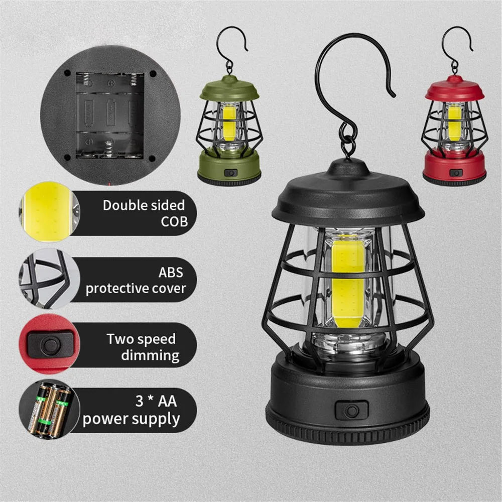 Vintage Portable Outdoor Camping Light Tent Lantern Hanging Lamp, Dry Battery Powered - Black - 2
