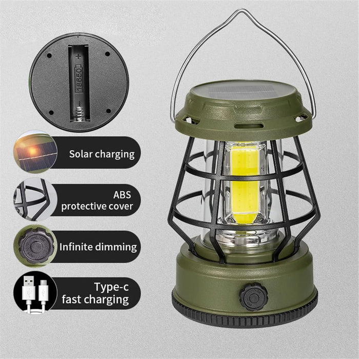 Retro Portable Camping Light Stepless Dimming Tent Lantern Hanging Lamp, Solar Powered - Green - 2