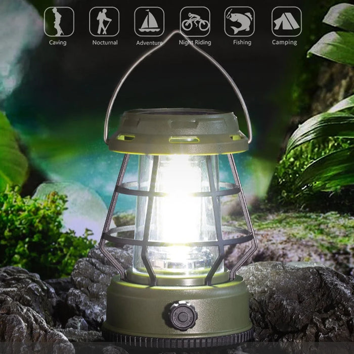 Retro Portable Camping Light Stepless Dimming Tent Lantern Hanging Lamp, Solar Powered - Green - 3