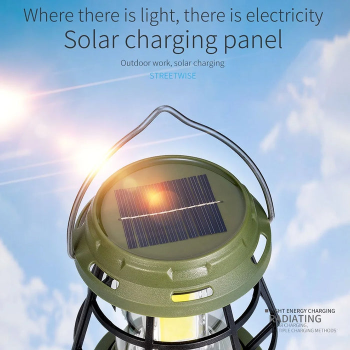 Retro Portable Camping Light Stepless Dimming Tent Lantern Hanging Lamp, Solar Powered - Green - 6