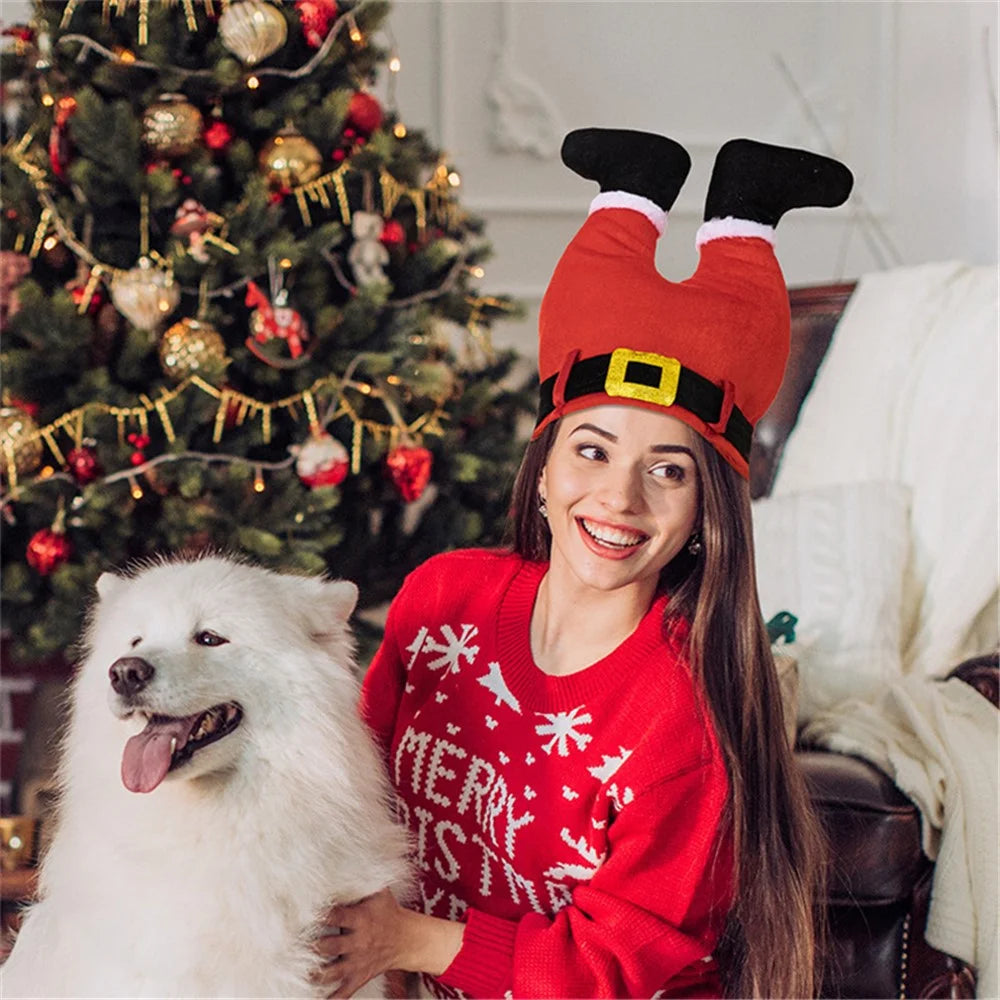 PP + Cotton Christmas Pants Hats Santa Claus Legs Caps Party Hat Dress Up Winter Party Ornament Xmas Decorations Gift - Red - 2
