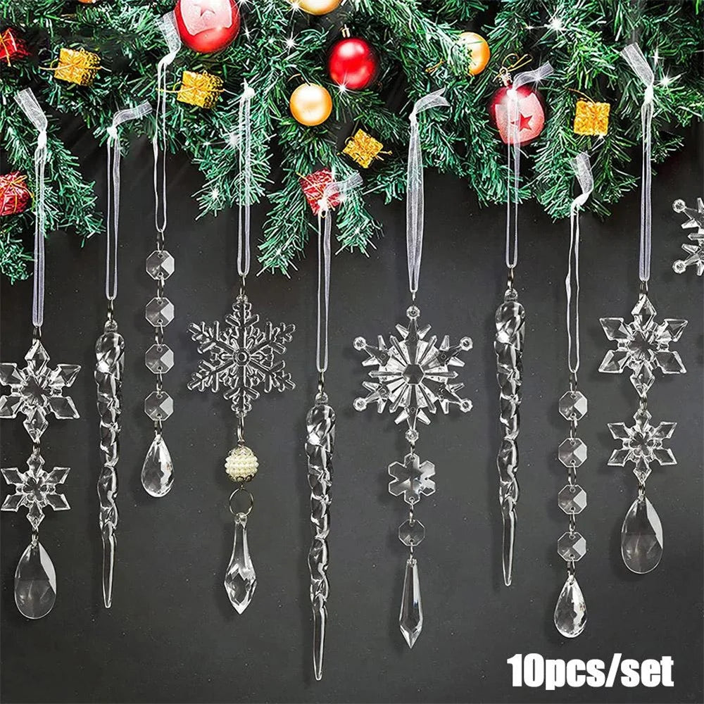 10PCS Fake Snow Flakes Home Christmas Ornaments Set Xmas Snowflake Hanging Icicles Simulated Ice Sticks Gift - 1