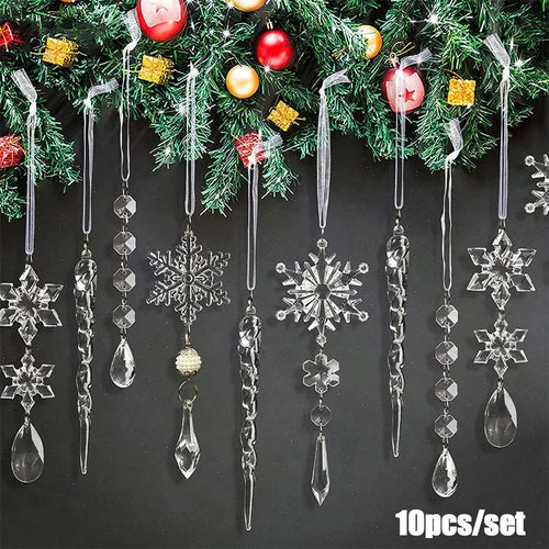 10PCS Fake Snow Flakes Home Christmas Ornaments Set Xmas Snowflake Hanging Icicles Simulated Ice Sticks Gift - 1
