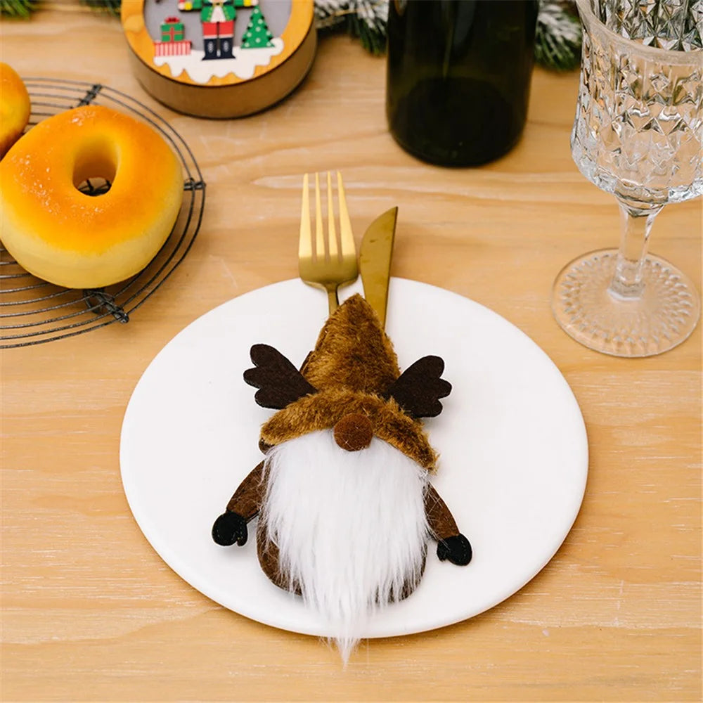 Christmas Gnome Fork Knife Cover Cutlery Cloth Pouch Dining Table Decoration Gift - Elk - 2