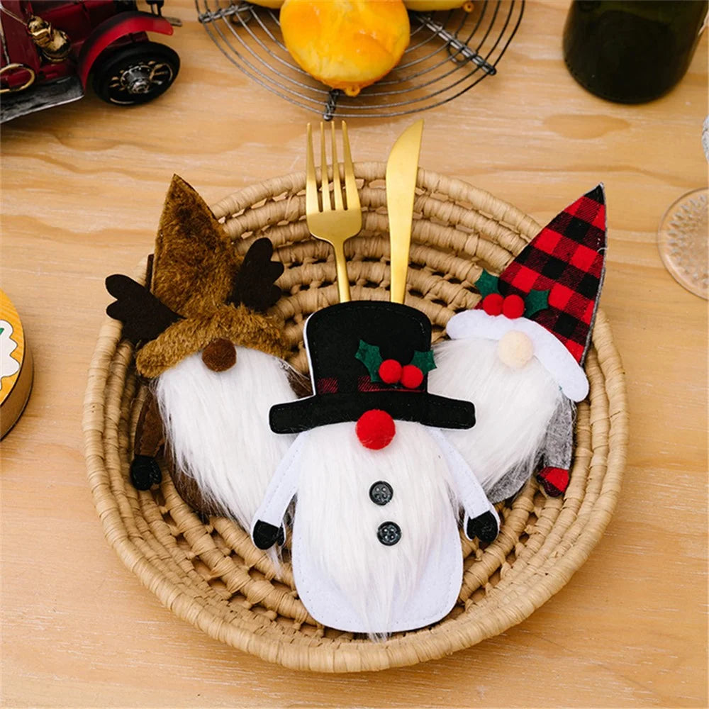 Christmas Gnome Fork Knife Cover Cutlery Cloth Pouch Dining Table Decoration Gift - Elk - 5