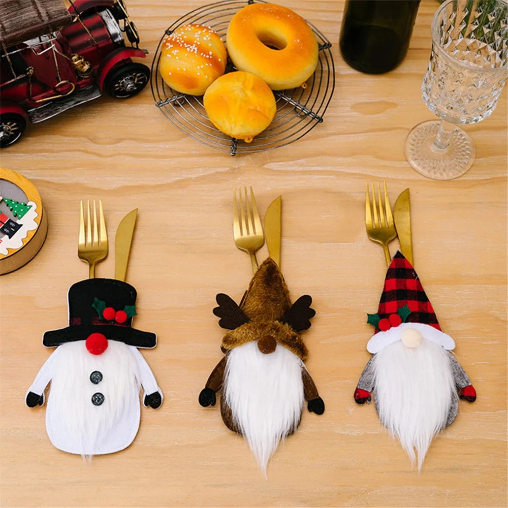 Christmas Gnome Fork Knife Cover Cutlery Cloth Pouch Dining Table Decoration Gift - Elk - 6