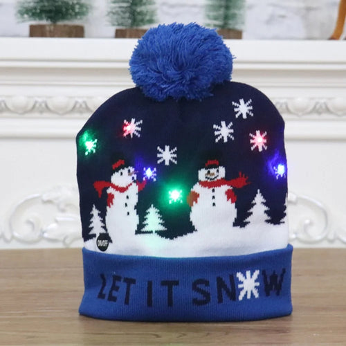 3-Mode LED Light Christmas Hats Beanie Christmas Santa Hat Light Up Knitted Hat for Kids, Adults - Dark Blue Snowman - 1