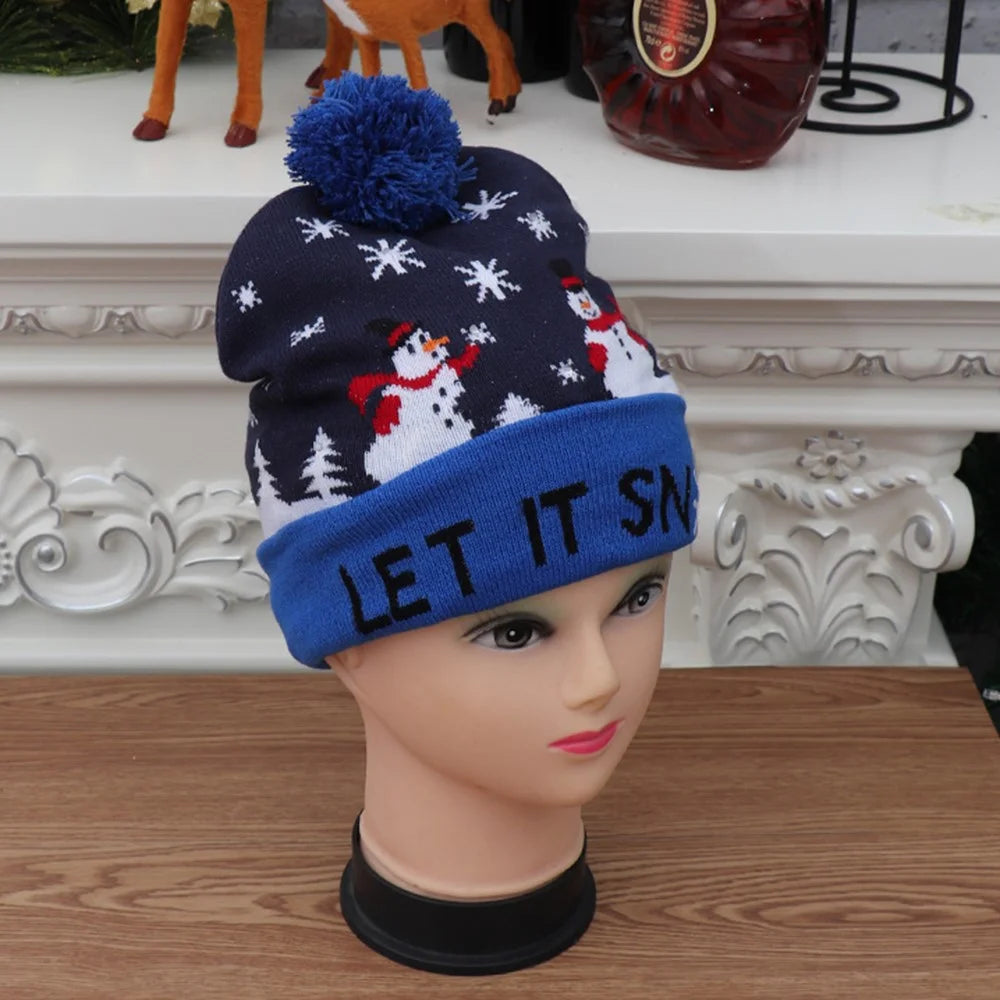 3-Mode LED Light Christmas Hats Beanie Christmas Santa Hat Light Up Knitted Hat for Kids, Adults - Dark Blue Snowman - 2