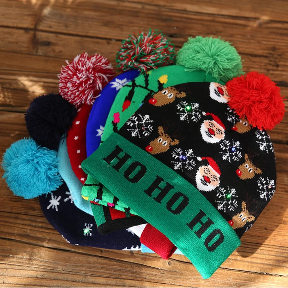 3-Mode LED Light Christmas Hats Beanie Christmas Santa Hat Light Up Knitted Hat for Kids, Adults - Dark Blue Snowman - 4