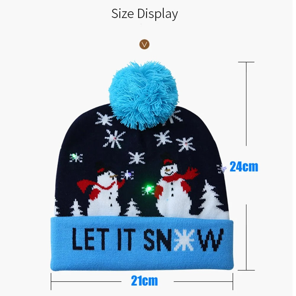 3-Mode LED Light Christmas Hats Beanie Christmas Santa Hat Light Up Knitted Hat for Kids, Adults - Dark Blue Snowman - 5