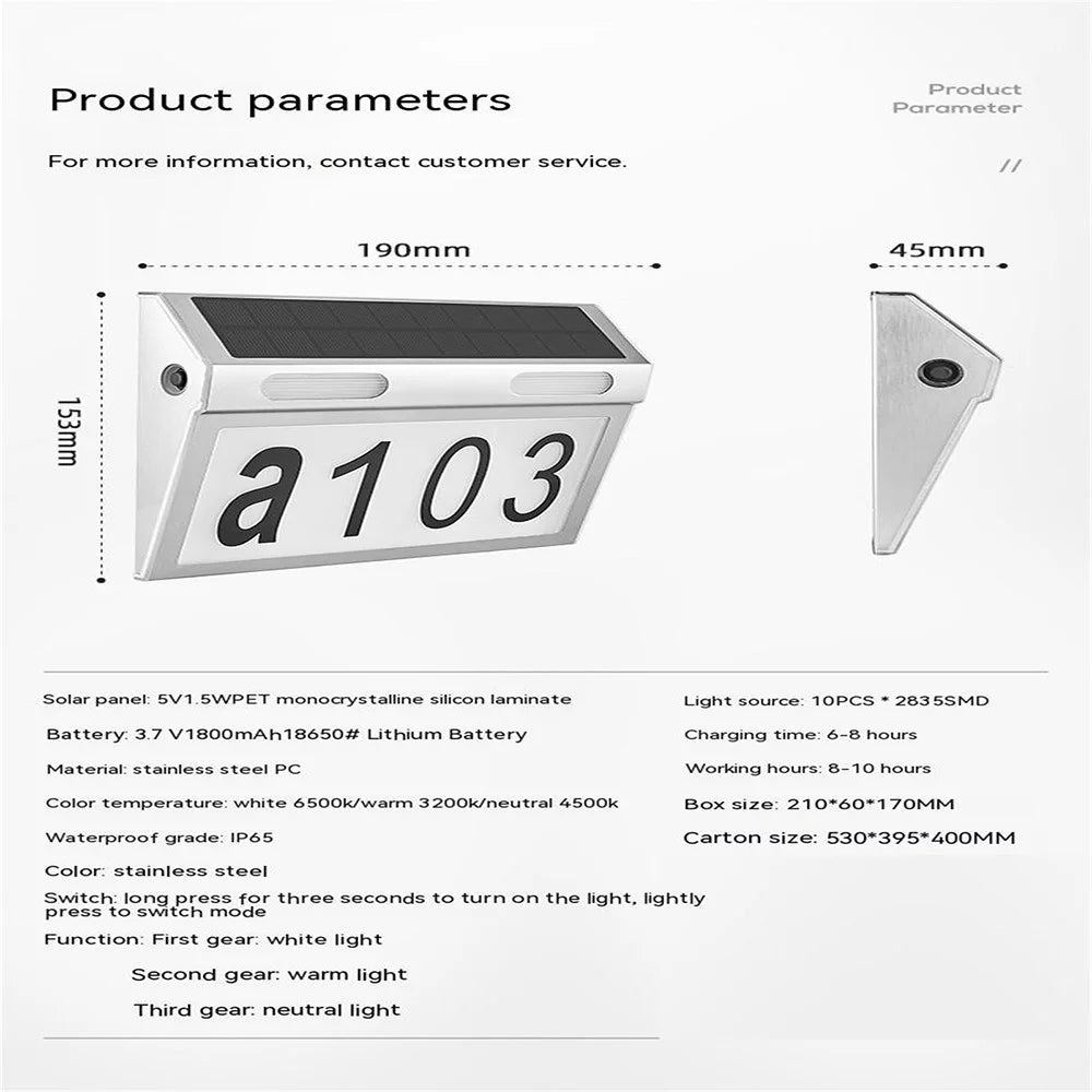 DS-HNL Solar Door Sign Lamp Outdoor Wiring Free LED Lights IP65 Waterproof Garden Lamp - 5