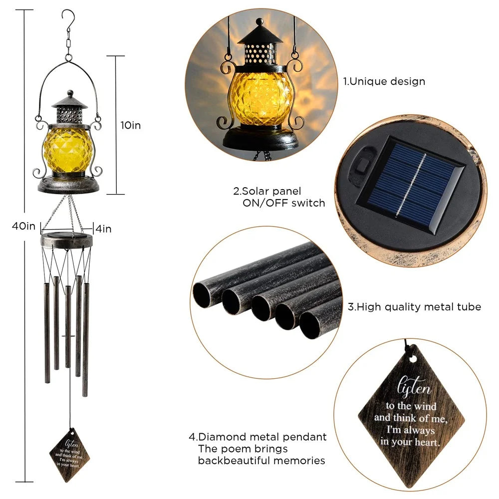 Kerosene Lamp Shape Outdoor Hanging Wind Chime Solar Light Iron Art Waterproof Garden Yard Decor - 7