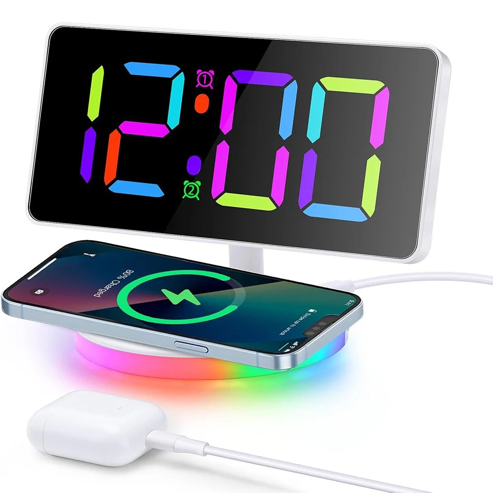 TS-3001X-B Mirror Surface Digital LED Clock 15W Phone Wireless Charger RGB Night Light - White - 2