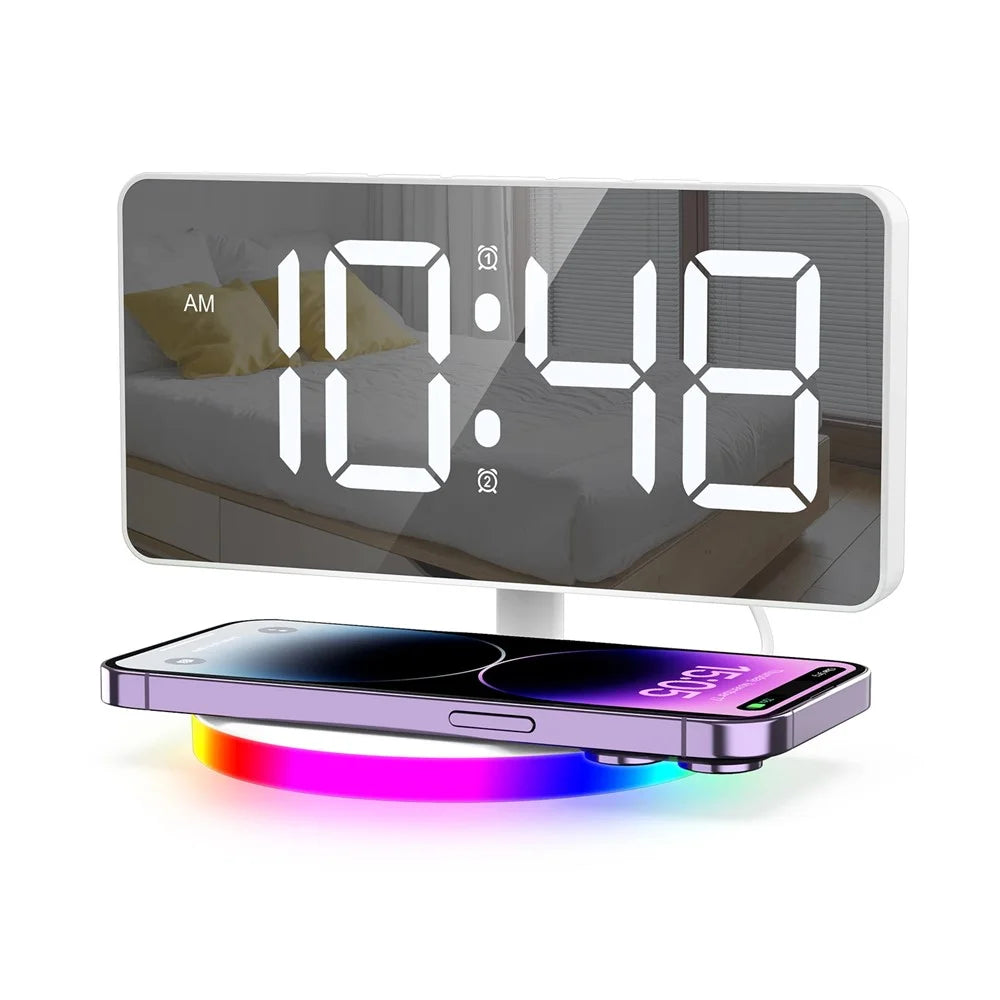 TS-3001X-B Mirror Surface Digital LED Clock 15W Phone Wireless Charger RGB Night Light - White - 3