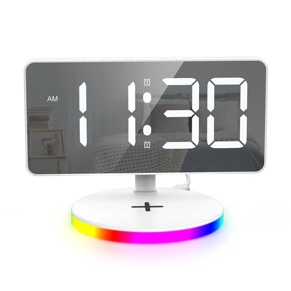 TS-3001X-B Mirror Surface Digital LED Clock 15W Phone Wireless Charger RGB Night Light - White - 4