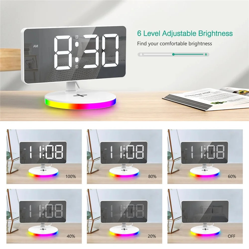 TS-3001X-B Mirror Surface Digital LED Clock 15W Phone Wireless Charger RGB Night Light - White - 5