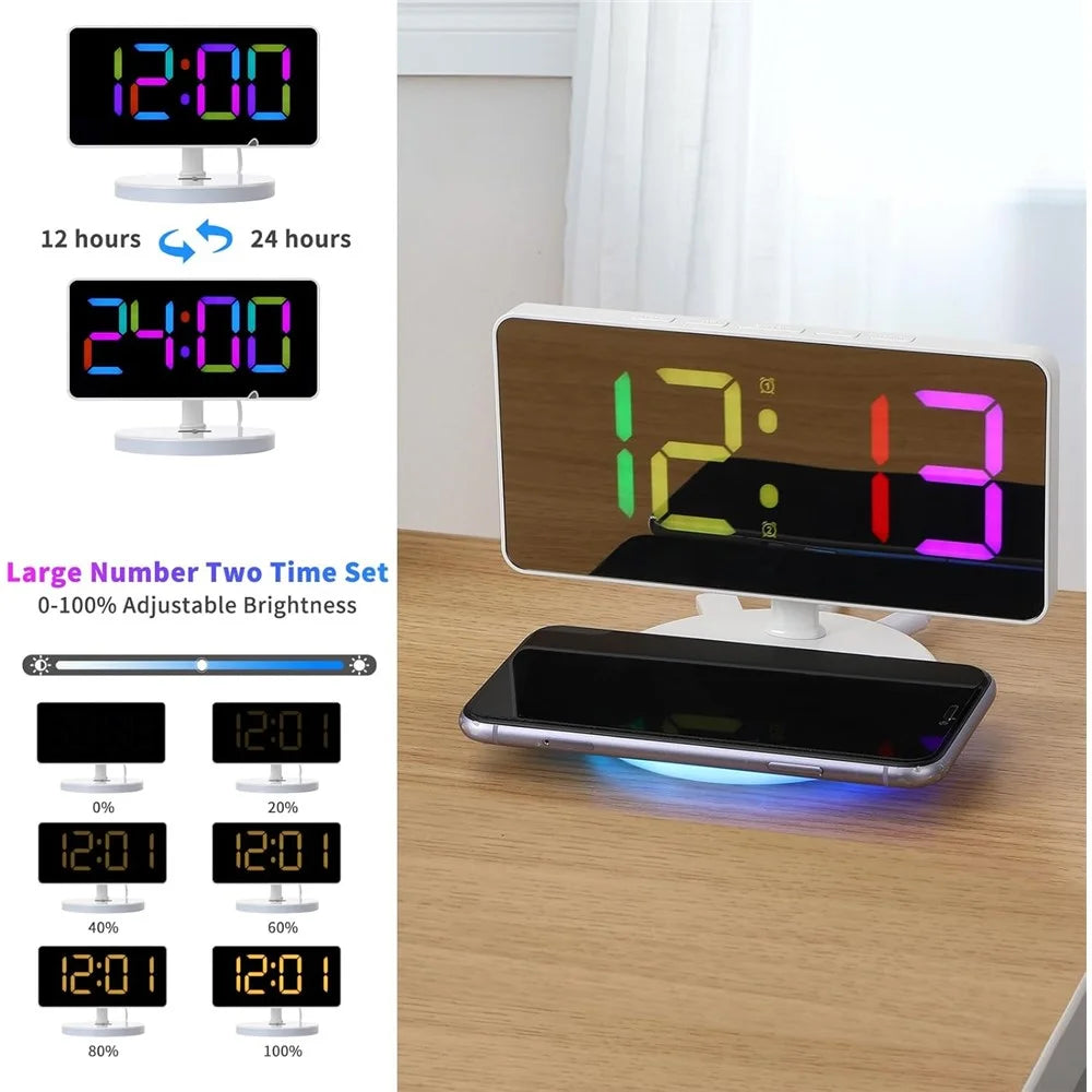TS-3001X-B Mirror Surface Digital LED Clock 15W Phone Wireless Charger RGB Night Light - White - 6