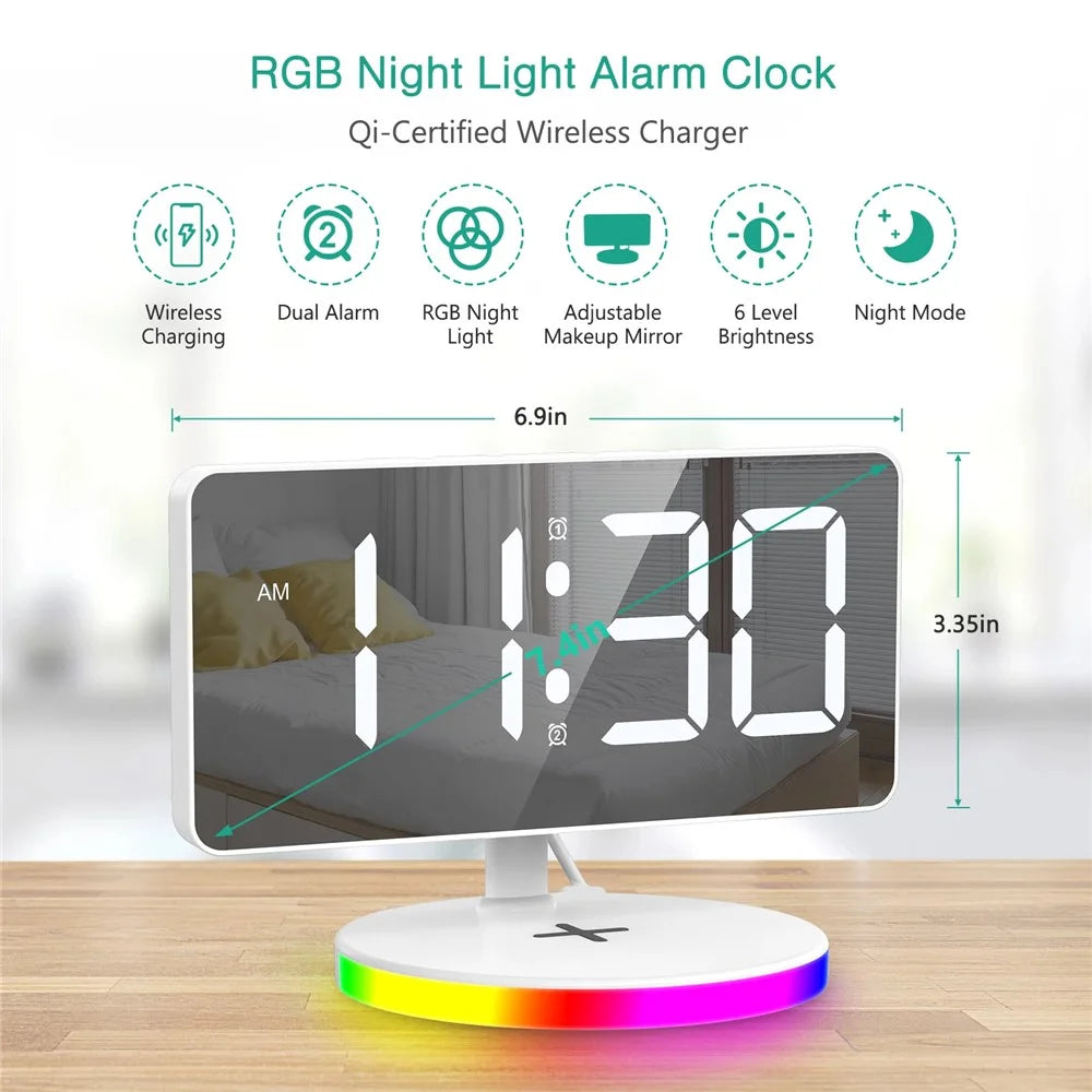 TS-3001X-B Mirror Surface Digital LED Clock 15W Phone Wireless Charger RGB Night Light - White - 7