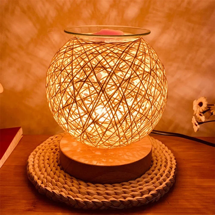 Rattan Ball Wax Melt Lamp Dimmable Decorative Night Light Aroma Diffuser Light Wax Melting Device, EU Plug - Yellow - 2