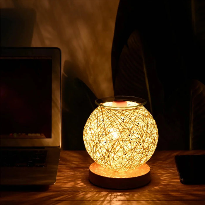 Rattan Ball Wax Melt Lamp Dimmable Decorative Night Light Aroma Diffuser Light Wax Melting Device, EU Plug - Yellow - 4