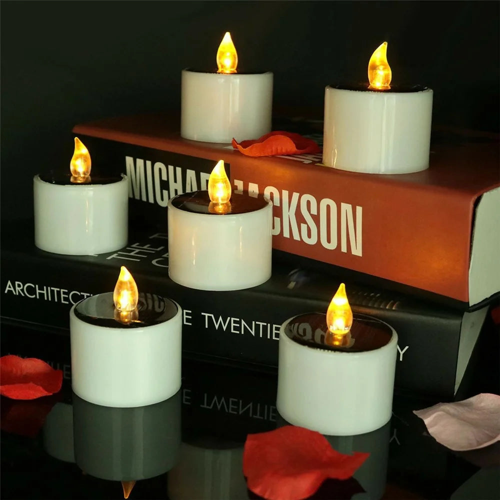 6PCS Solar Powered Flameless Tealights LED Electric Tea Lights Fake Votive Candles - Flickering Yellow Light - 4