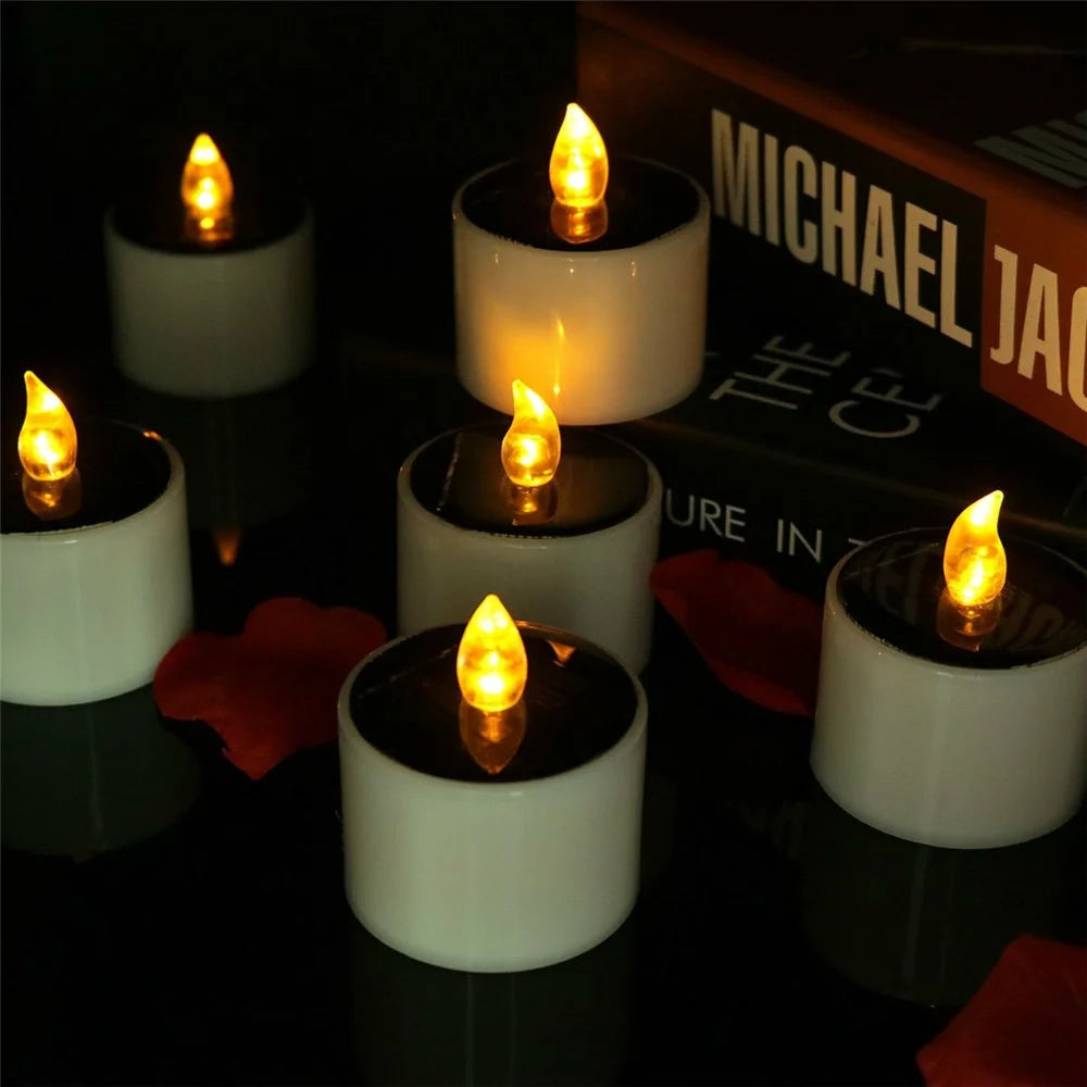 6PCS Solar Powered Flameless Tealights LED Electric Tea Lights Fake Votive Candles - Flickering Yellow Light - 7