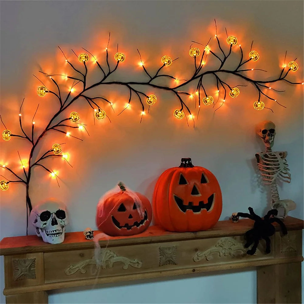 Halloween Garland Lights 1.8m 54 LED 8 Modes Pumpkin Bat Spider Willow Vine Twig Lights Gift - Pumpkin  /  Warm Light - 1