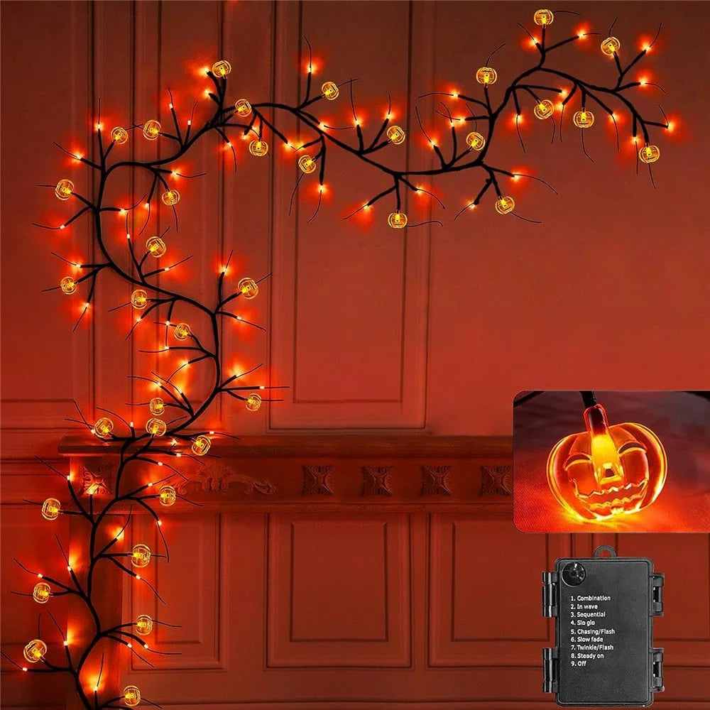 Halloween Garland Lights 1.8m 54 LED 8 Modes Pumpkin Bat Spider Willow Vine Twig Lights Gift - Pumpkin  /  Warm Light - 5