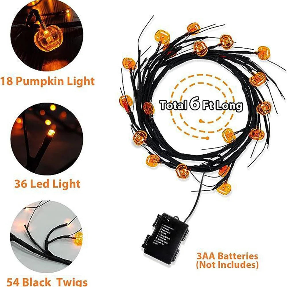 Halloween Garland Lights 1.8m 54 LED 8 Modes Pumpkin Bat Spider Willow Vine Twig Lights Gift - Pumpkin  /  Warm Light - 7