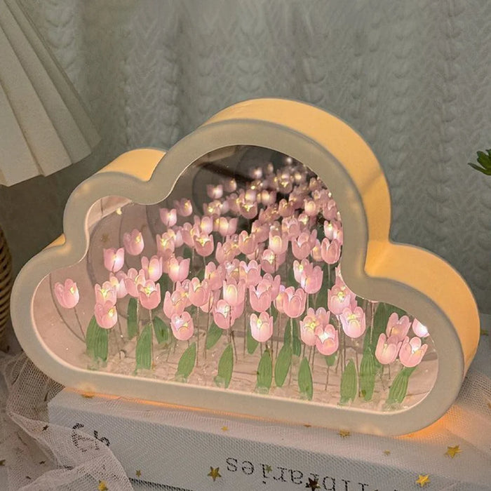 DIY Handmade Cloud Tulip Night Light Mirror Atmosphere Light Desktop Ornament, Battery Operated - Pink - 1