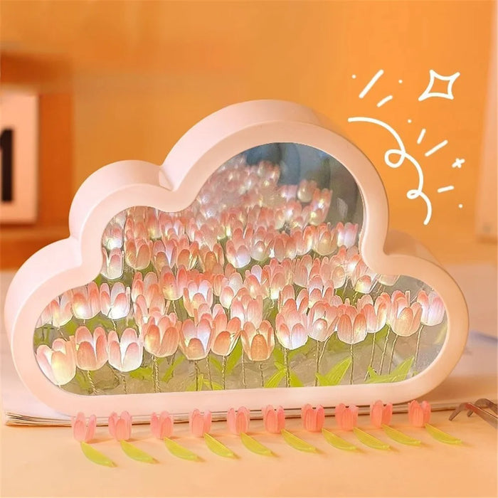 DIY Handmade Cloud Tulip Night Light Mirror Atmosphere Light Desktop Ornament, Battery Operated - Pink - 2