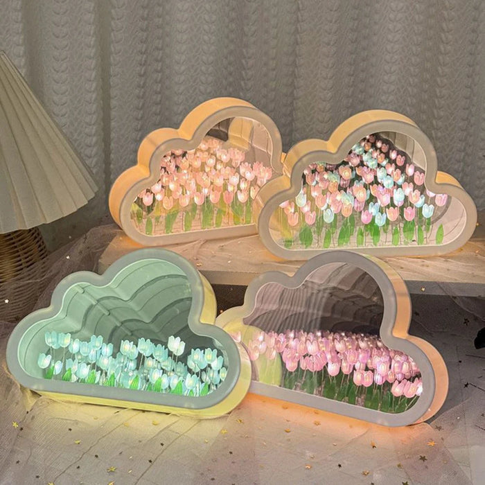 DIY Handmade Cloud Tulip Night Light Mirror Atmosphere Light Desktop Ornament, Battery Operated - Pink - 6
