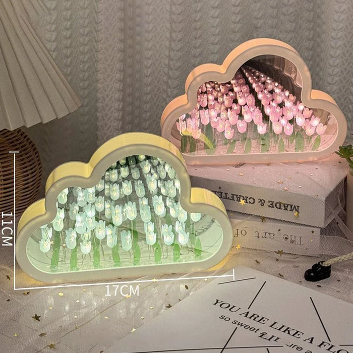 DIY Handmade Cloud Tulip Night Light Mirror Atmosphere Light Desktop Ornament, Battery Operated - Pink - 7