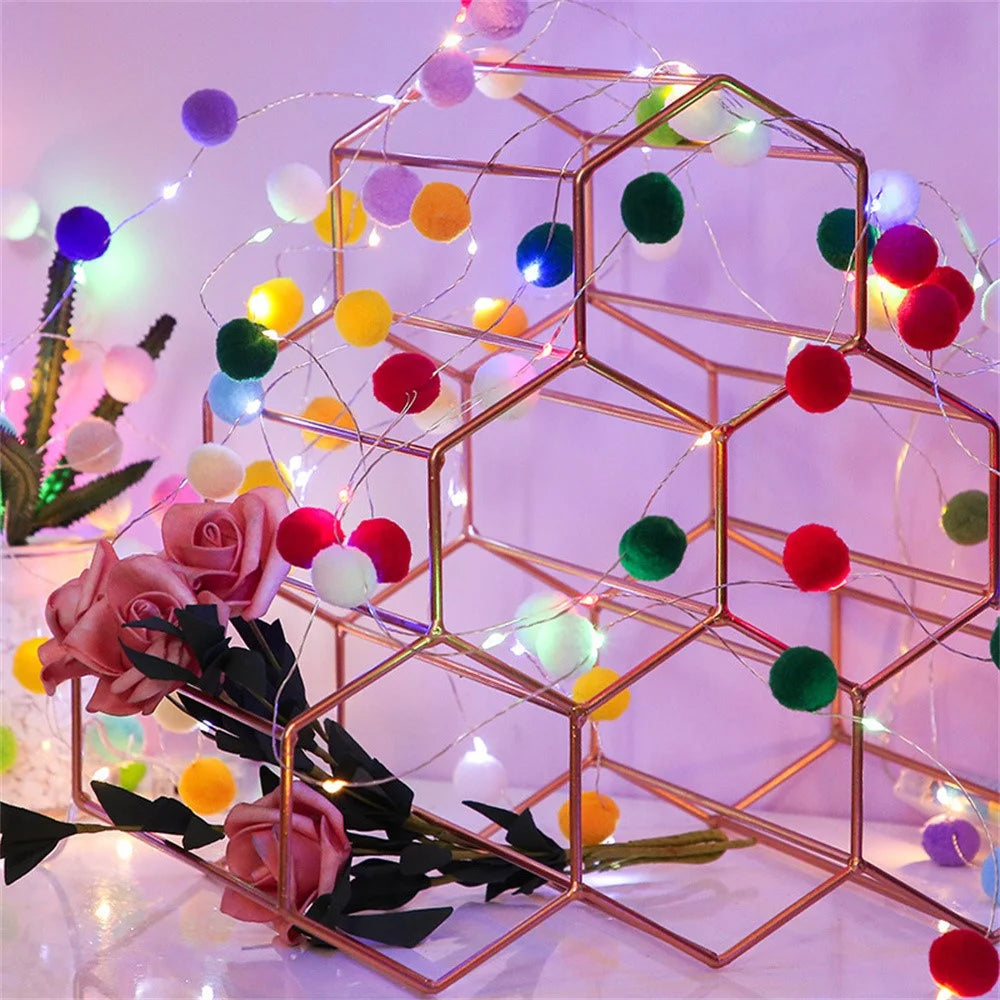 2m 20 LED Cotton Ball String Light Fairy Lights Battery Powered Festival Gift Party Decor - White Light / Mixed Color - 3