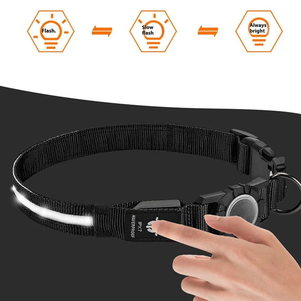 LED Light Nylon Pet Dog Neck Collar Gift with Protective Cover for AirTag Tracker (CE Certified) - White Light / S - 7