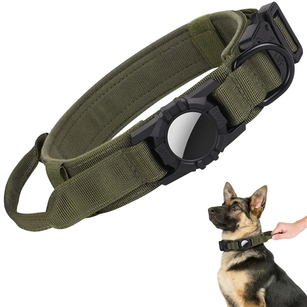 Tactical Dog Collar Nylon Adjustable Pet Collar Gift with Control Handle and Protective Cover for AirTag - Army Green / S - 2