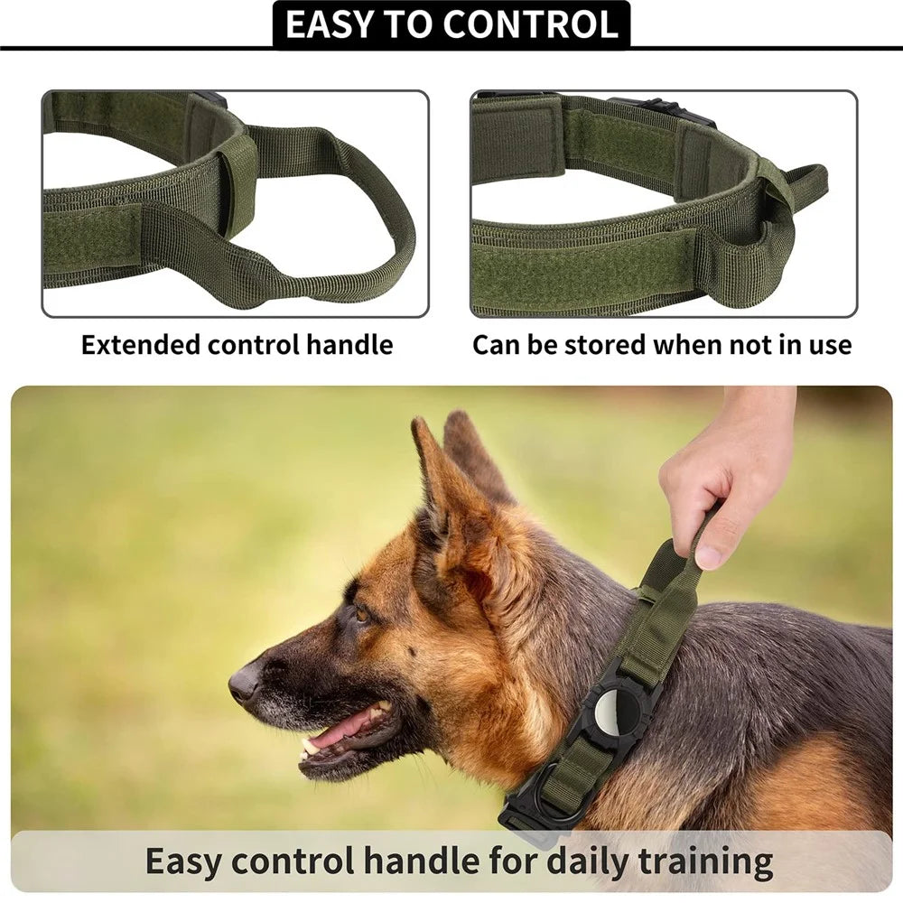 Tactical Dog Collar Nylon Adjustable Pet Collar Gift with Control Handle and Protective Cover for AirTag - Army Green / S - 7