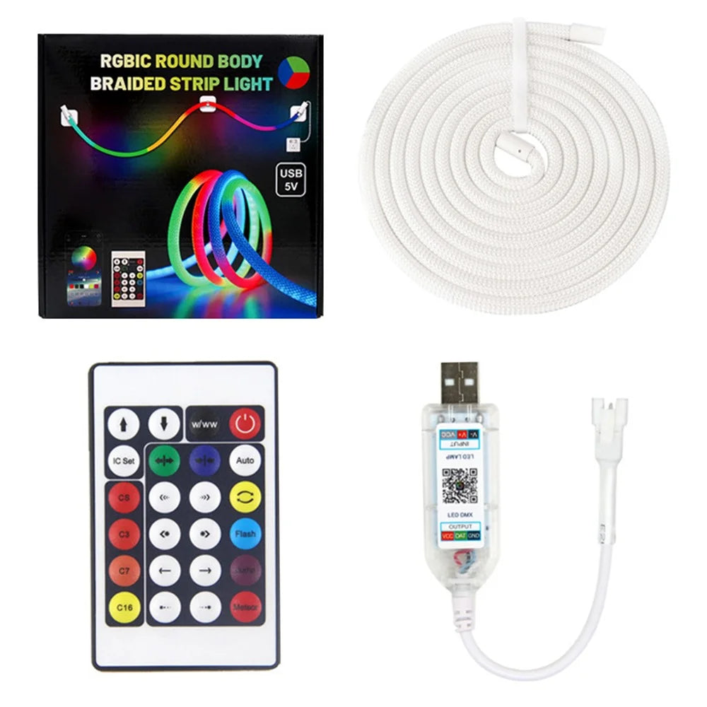 2m RGB LED Round Braided Light Strip Smart App Control Flexible Neon Ambient Light - 1