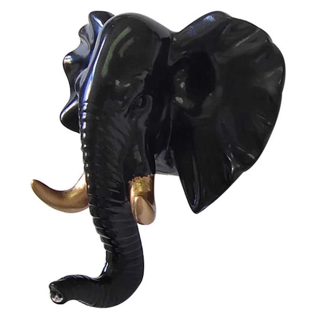Elephant Head Decorative Wall Resin Hook Jewelry Keys Scarf Bag Hanger Coat Rack for Living Room Bedroom - Black/Gold - 1