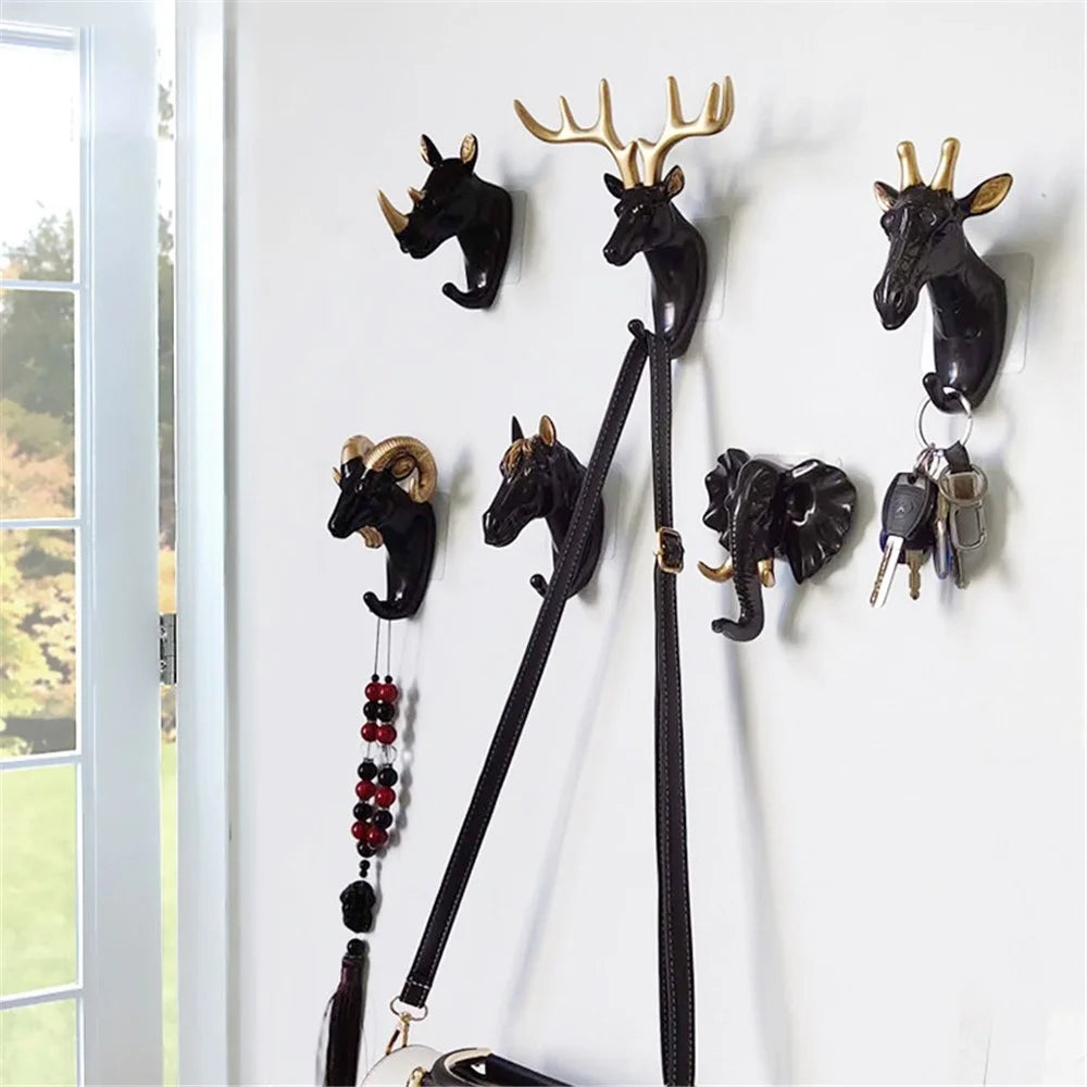 Elephant Head Decorative Wall Resin Hook Jewelry Keys Scarf Bag Hanger Coat Rack for Living Room Bedroom - Black/Gold - 7