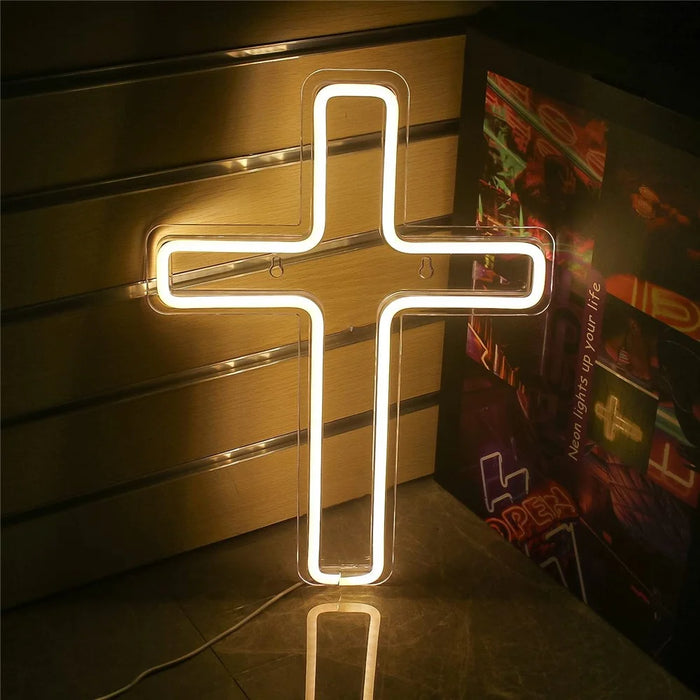 LED Cross Neon Sign USB Powered Dimmable Room Decor Light for Church Party - 3