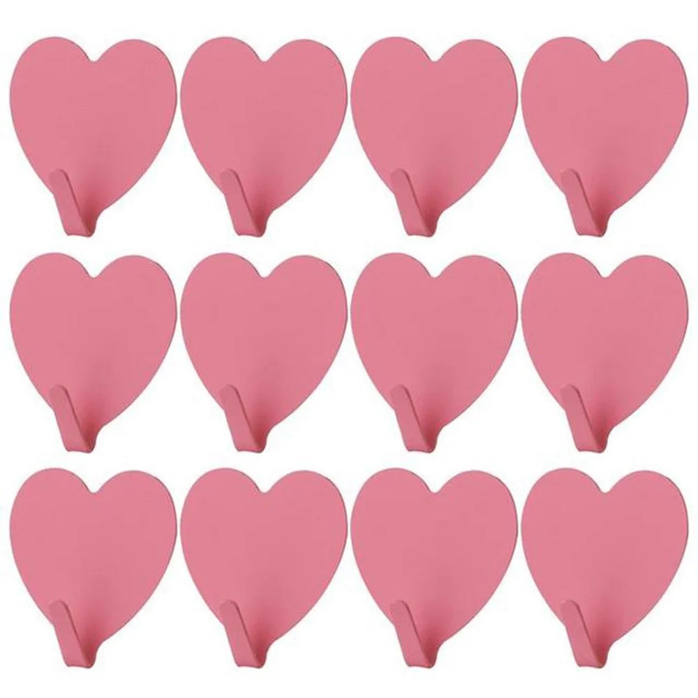 E711 12Pcs Iron Wall Mounted Hooks Heart-shaped Adhesive Hangers Decorative Hooks for Home Kitchen (with Adhesive Sticker) - Pink - 1