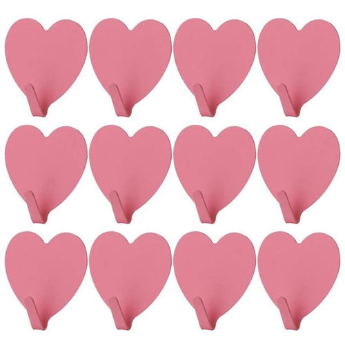 E711 12Pcs Iron Wall Mounted Hooks Heart-shaped Adhesive Hangers Decorative Hooks for Home Kitchen (with Adhesive Sticker) - Pink - 1