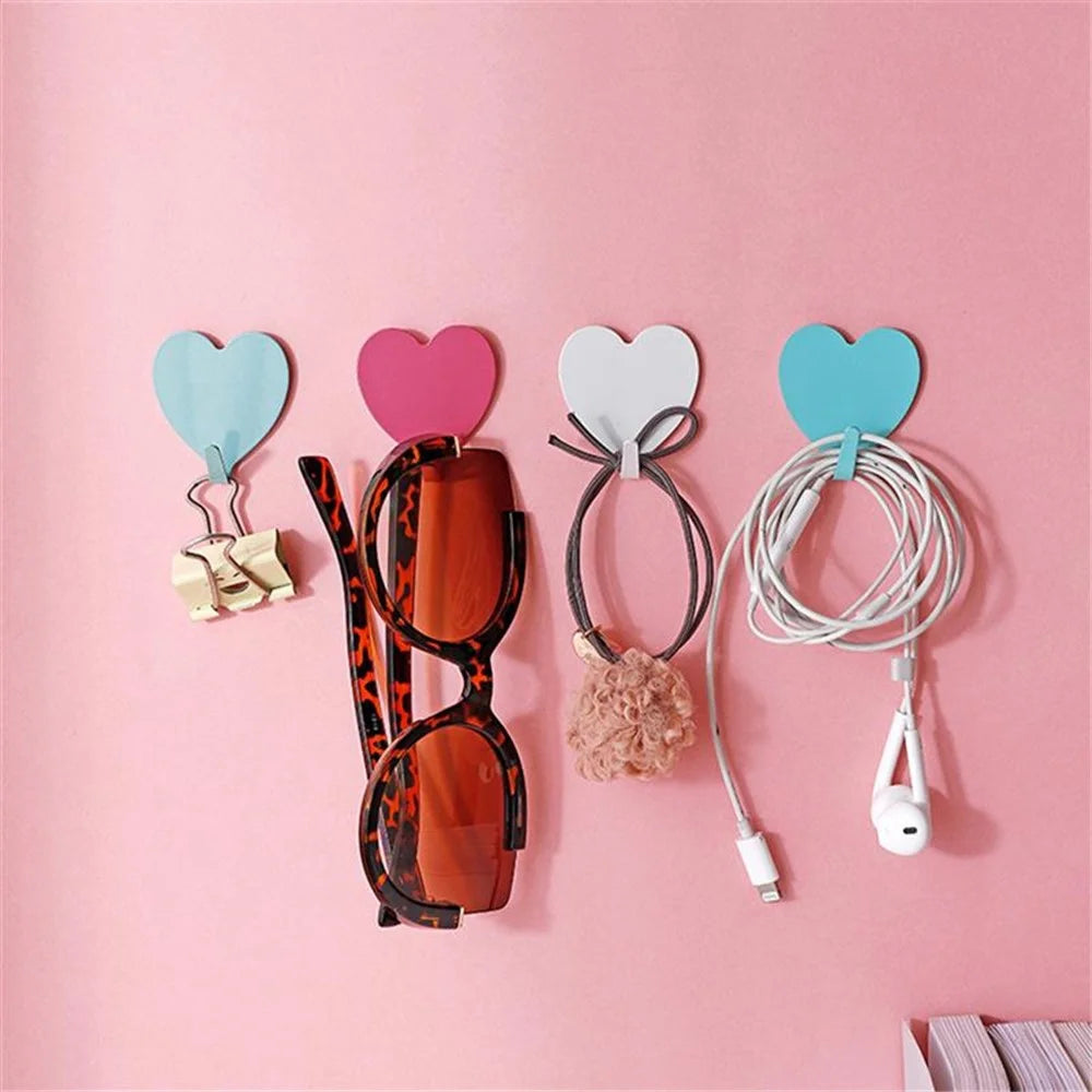 E711 12Pcs Iron Wall Mounted Hooks Heart-shaped Adhesive Hangers Decorative Hooks for Home Kitchen (with Adhesive Sticker) - Pink - 2