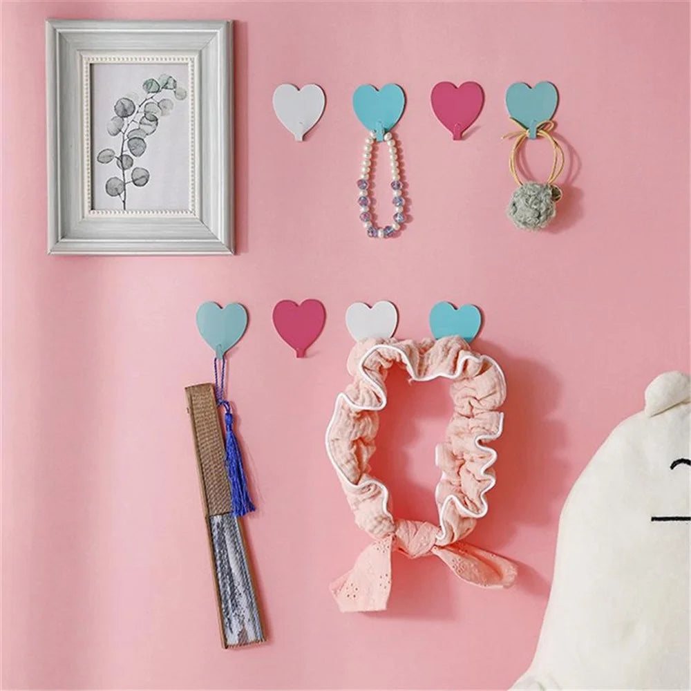 E711 12Pcs Iron Wall Mounted Hooks Heart-shaped Adhesive Hangers Decorative Hooks for Home Kitchen (with Adhesive Sticker) - Pink - 3