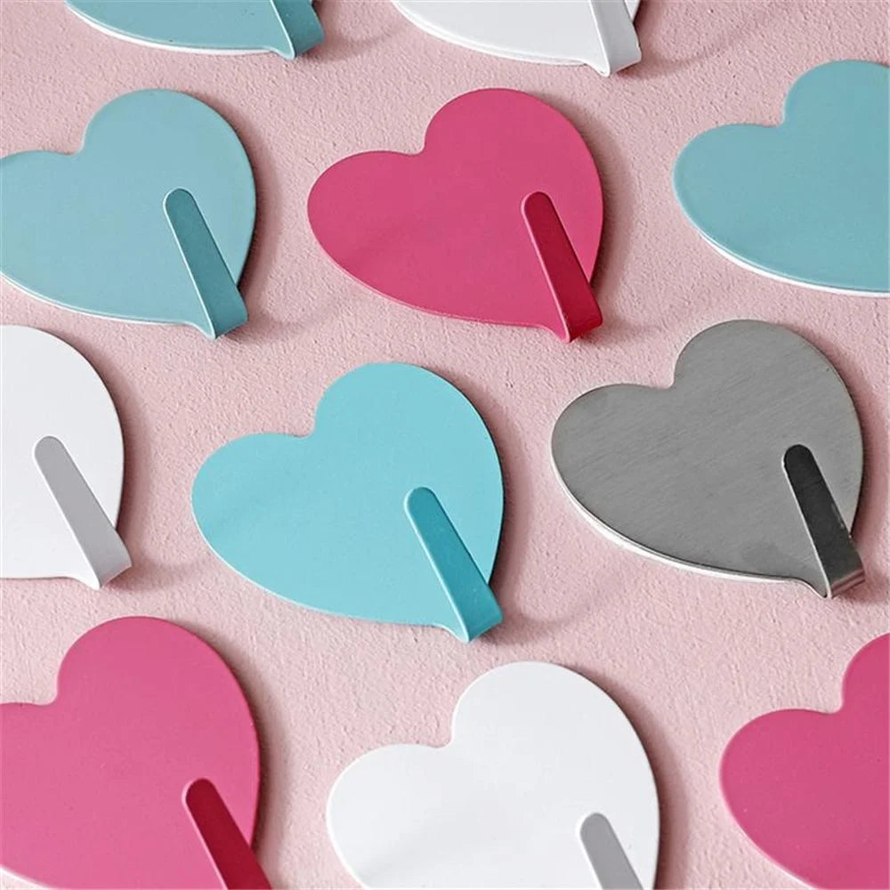 E711 12Pcs Iron Wall Mounted Hooks Heart-shaped Adhesive Hangers Decorative Hooks for Home Kitchen (with Adhesive Sticker) - Pink - 6