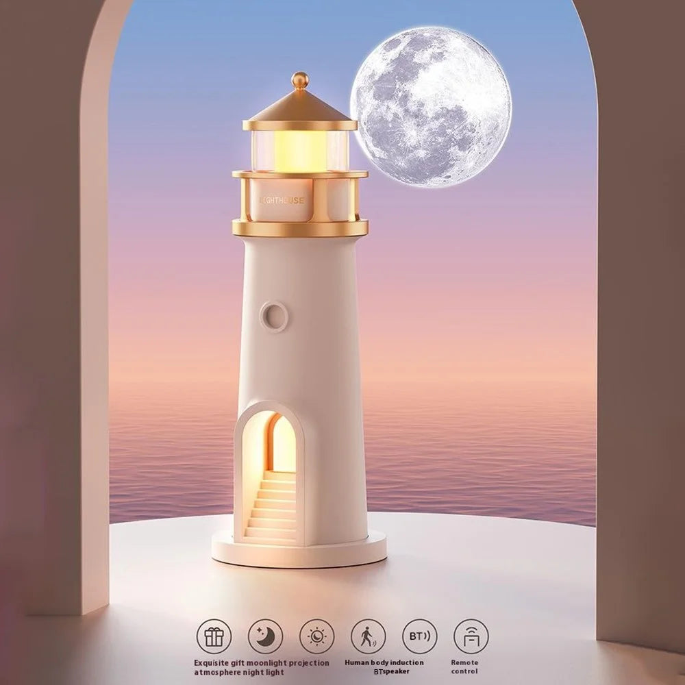 Moon Lighthouse Projector Night Light Bedside Lamp Ambient Mood Lighting For Bedroom  /  Desktop - Remote Control Type - 3